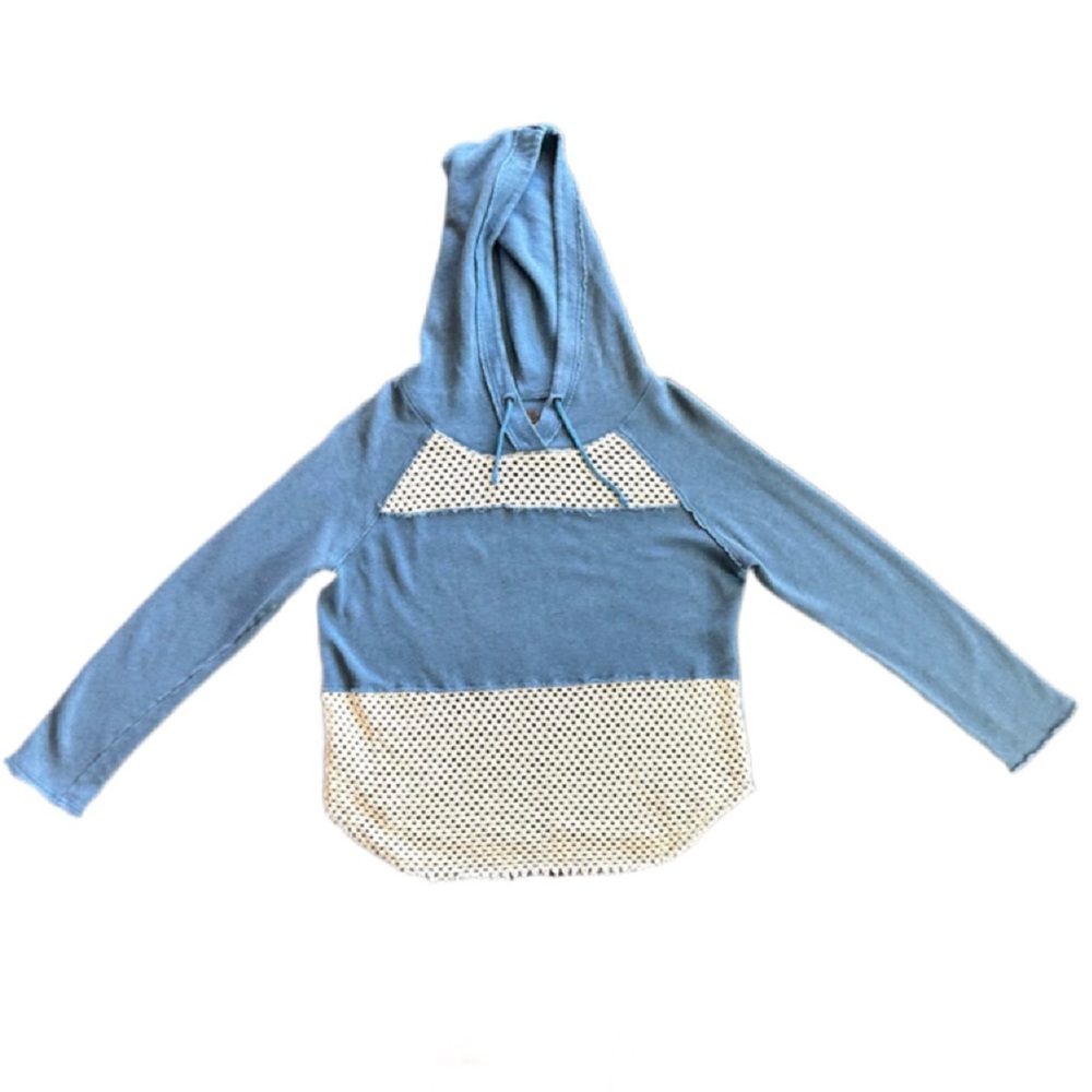 We the free blue crochet knit hooded sweatshirt size medium